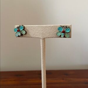 Vintage Turquoise Blue Opal Sterling Silver 925 Southwest Stud Earring Butterfly